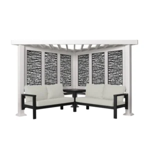 Ridgedale 8 Ft. X 8 Ft. White Steel Modern Cabana Pergola with Conversation Seating in Pumice