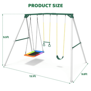 9.5′ Heavy Duty Metal Swing Set with Belt Swing, Trapeze Bar